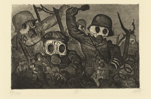 Otto Dix's portfolio of war etchings receive prominent placement in the exhibit. Above, 'Shock Troops Advance Under Gas,' from 1924. Dix served as a machine gunner for several years during WW I.